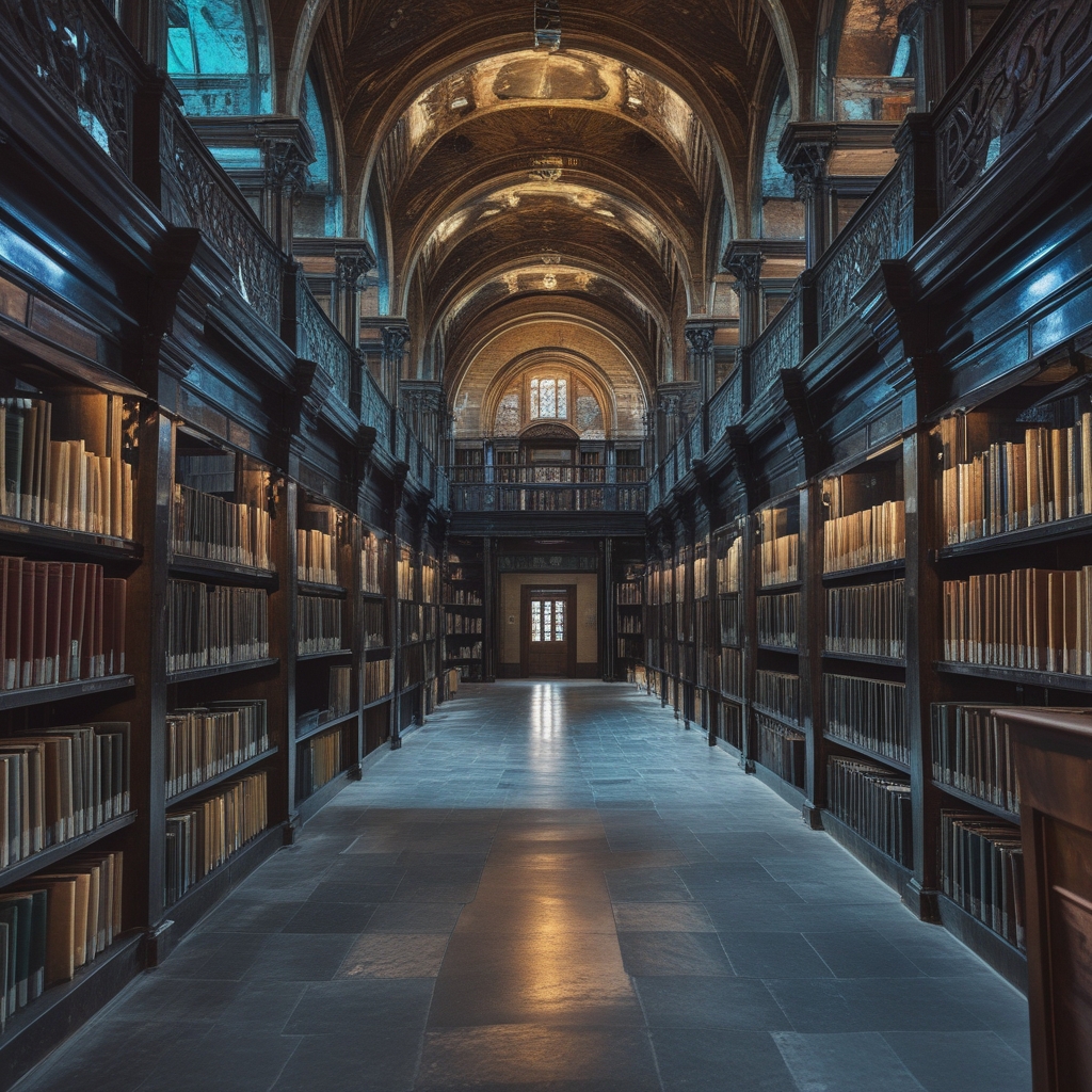 Biblioteka z wysokimi półkami pełnymi książek naukowych, drewniane wykończenia i ciepłe oświetlenie, spokojne wnętrze akademickie z widocznym biurkiem i globusem