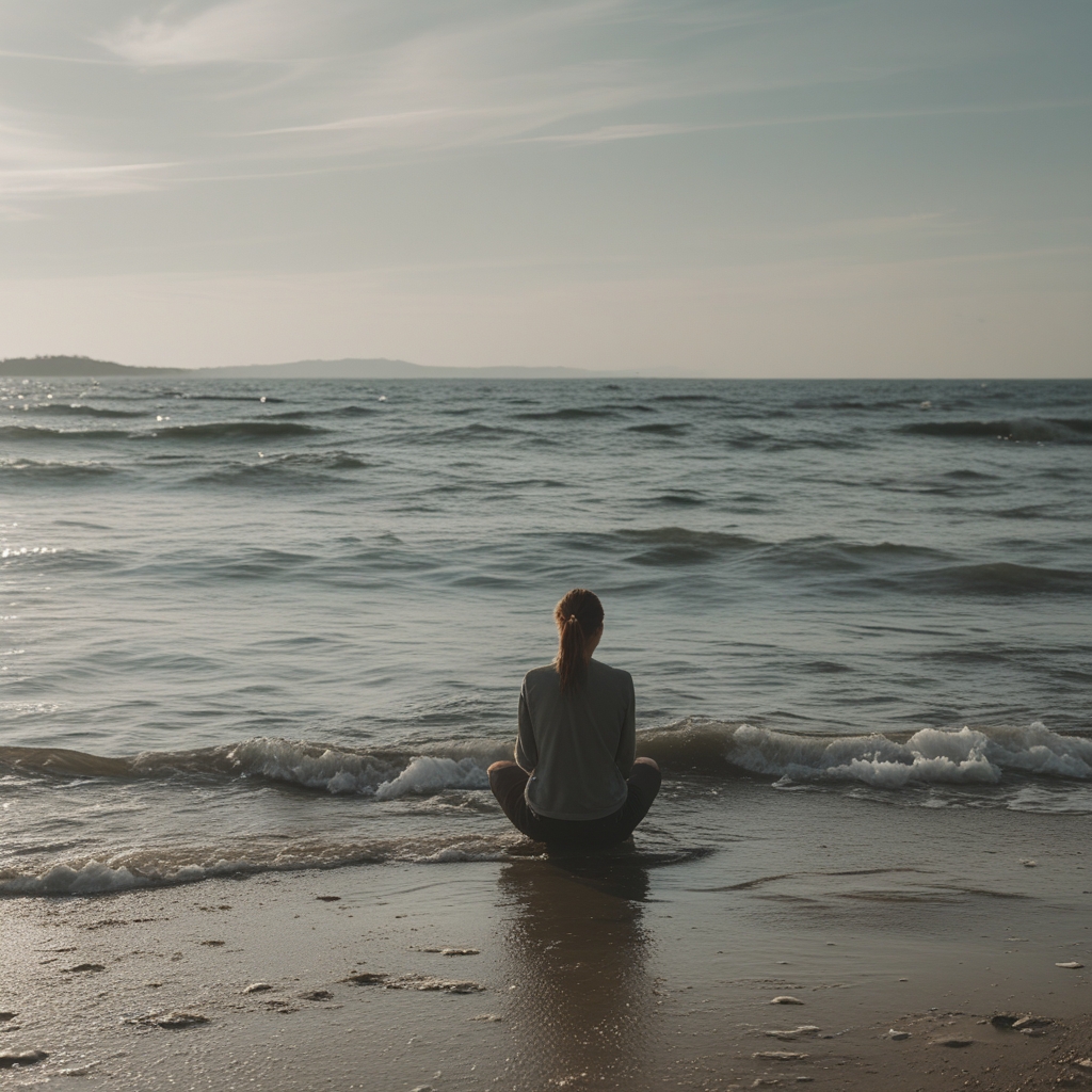 Osoba stojąca na jednej nodze na skale nad morzem o świcie, sylwetka na tle pastelowego nieba, roziskrzona tafla wody, klimat skupienia i równowagi