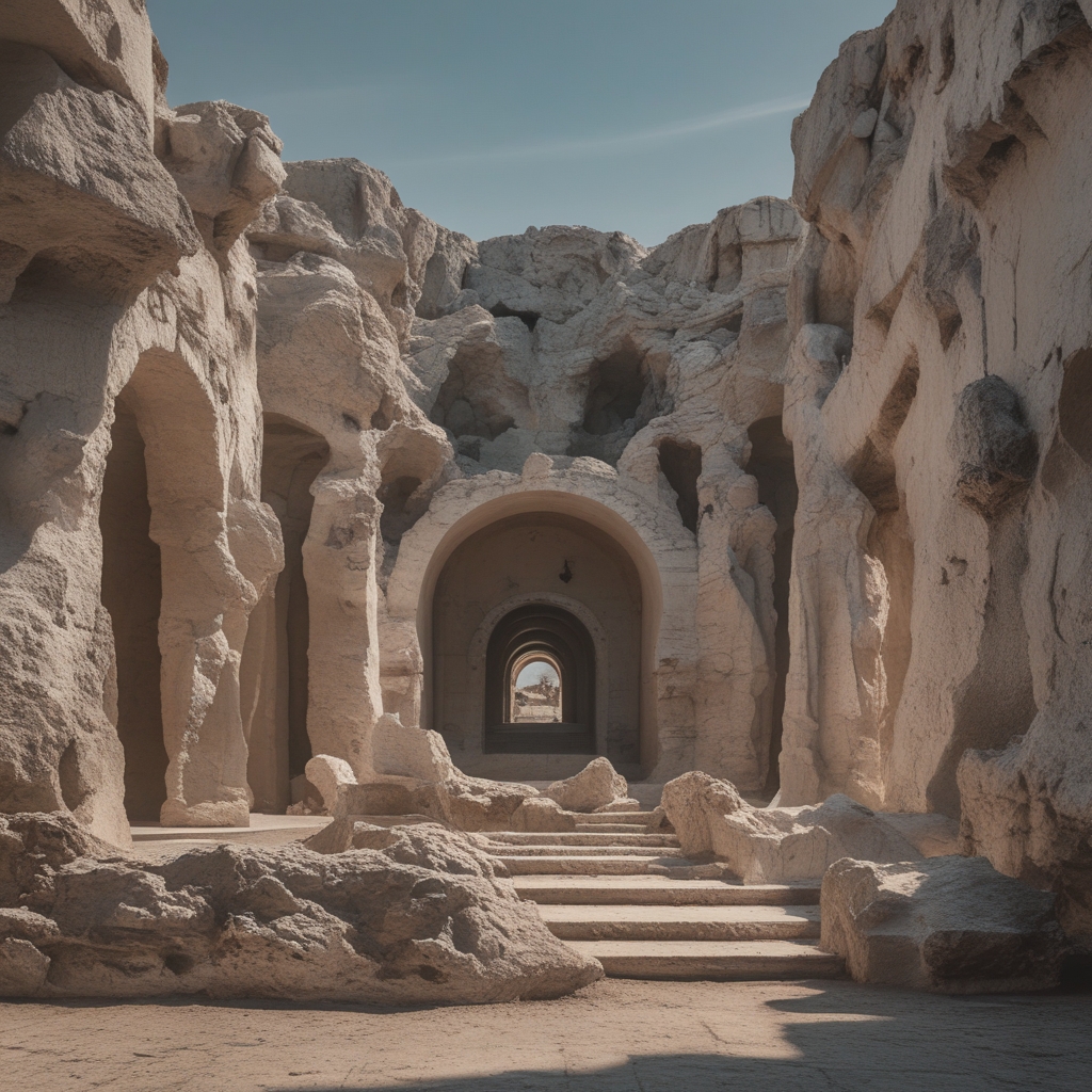 Antyczne marmurowe posągi atletów w dynamicznych pozach wystawione w muzeum z naturalnym oświetleniem przez wysokie okna, piaskowożółte kamienne ściany, głęboka głębia ostrości
