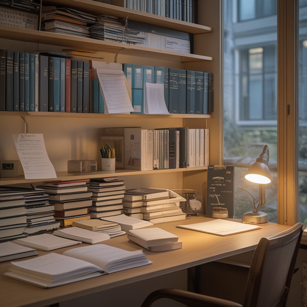 Otwarte książki naukowe ułożone na biurku z notatkami i szkicami, miękkie boczne oświetlenie lampy, spokojne akademickie wnętrze z widokiem na regały
