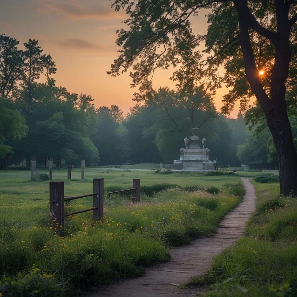 Drewniana siłownia plenerowa wśród zieleni parku miejskiego, metalowe drążki i poręcze w porannym świetle, puste i spokojne otoczenie z brukiem w tle